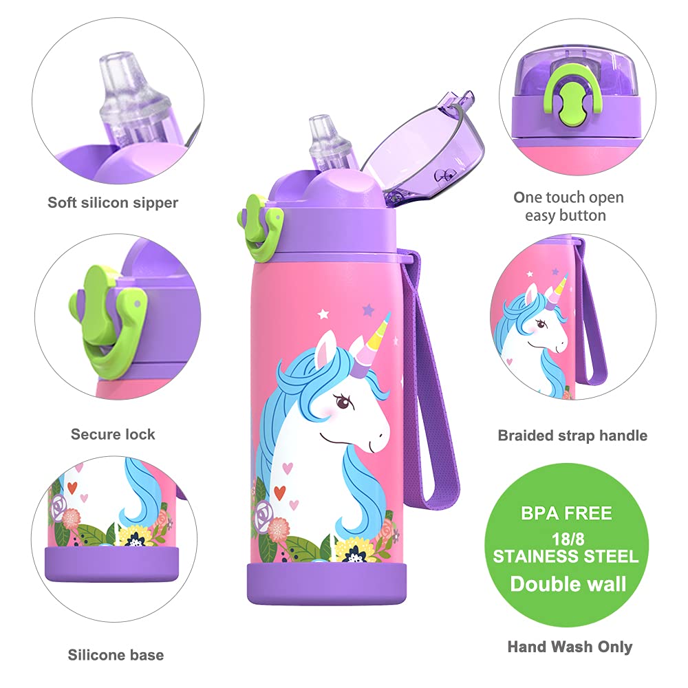 16 oz Insulated Water Bottle with Straw for Kids, Durable Stainless Steel & Leak Proof One Click Open Soft Sipper & Protective Silicone Boot (Unicorn)