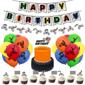 57Pcs Motocross Birthday Party Supplies Dirt Bike Garland Banner Cake Topper Motorcycle Cupcake Toppers Latex Balloons Set for Dirt Bike Extreme Sports Racing Party Boy Birthday