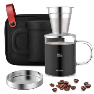 oranlife pour over coffee maker set for travel/camping/hiking, single cup, stainless steel coffee filter, 14 oz borosilicate glass mug, extra permanent lid and moulded neoprene case, at home/office