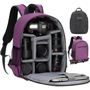 tarion camera bag professional camera backpack case with laptop compartment waterproof rain cover for dslr slr mirrorless camera lens tripod photography backpack for women men photographer purple tb-s