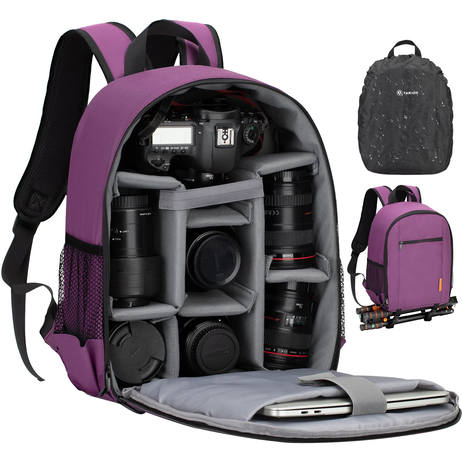 TARION Camera Bag Professional Camera Backpack Case with Laptop Compartment Waterproof Rain Cover for DSLR SLR Mirrorless Camera Lens Tripod Photography Backpack for Women Men Photographer Purple TB-S