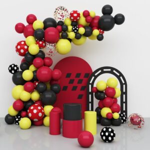 mickey mouse balloons garland arch kit, 100pcs red black yellow confetti balloons for cartoon mouse theme birthday party supplies decorations