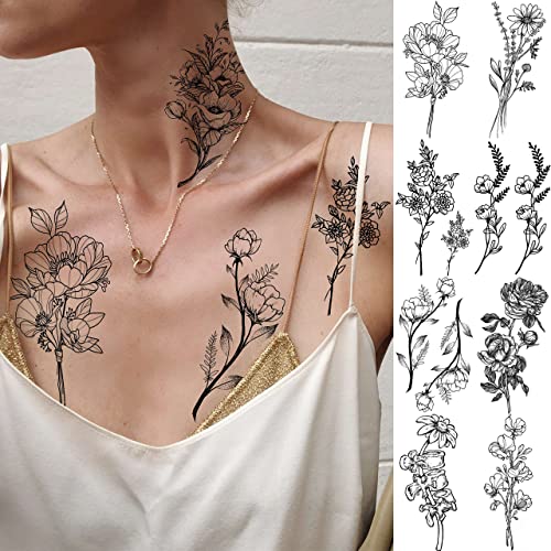 JOEHAPY 19 Sheets 3D Sexy Flower Temporary Tattoos For Women Neck Arm Girls Black Waterproof Small Fake Tattoo Stickers Tiny Branch Rose Floral Sunflower Wild Plants Sketch Tatoo Sets Kits For Adults