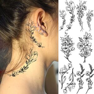 JOEHAPY 19 Sheets 3D Sexy Flower Temporary Tattoos For Women Neck Arm Girls Black Waterproof Small Fake Tattoo Stickers Tiny Branch Rose Floral Sunflower Wild Plants Sketch Tatoo Sets Kits For Adults