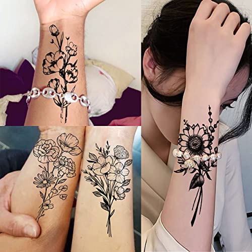 JOEHAPY 19 Sheets 3D Sexy Flower Temporary Tattoos For Women Neck Arm Girls Black Waterproof Small Fake Tattoo Stickers Tiny Branch Rose Floral Sunflower Wild Plants Sketch Tatoo Sets Kits For Adults