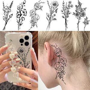 JOEHAPY 19 Sheets 3D Sexy Flower Temporary Tattoos For Women Neck Arm Girls Black Waterproof Small Fake Tattoo Stickers Tiny Branch Rose Floral Sunflower Wild Plants Sketch Tatoo Sets Kits For Adults