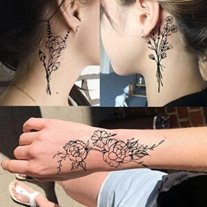 JOEHAPY 19 Sheets 3D Sexy Flower Temporary Tattoos For Women Neck Arm Girls Black Waterproof Small Fake Tattoo Stickers Tiny Branch Rose Floral Sunflower Wild Plants Sketch Tatoo Sets Kits For Adults