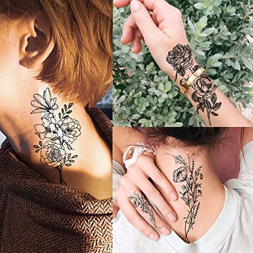 JOEHAPY 19 Sheets 3D Sexy Flower Temporary Tattoos For Women Neck Arm Girls Black Waterproof Small Fake Tattoo Stickers Tiny Branch Rose Floral Sunflower Wild Plants Sketch Tatoo Sets Kits For Adults