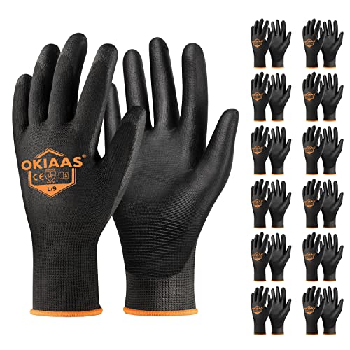 OKIAAS Work Gloves for Men，Ultra Thin and Lightweight Working Gloves with Grip, 12 Pairs Bulk Pack Construction Gloves with Polyurethane Coating, Safety Gloves for Light Duty Work (Black, Large)