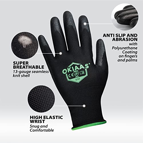 OKIAAS Work Gloves for Men，Ultra Thin and Lightweight Working Gloves with Grip, 12 Pairs Bulk Pack Construction Gloves with Polyurethane Coating, Safety Gloves for Light Duty Work (Black, Large)