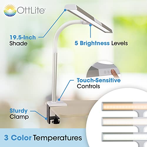 OttLite Perform LED Clamp Lamp for Desks with ClearSun LED Technology - Extra Wide Overhead Lighting with 3 Color Temperatures - Sturdy Clamp Mounts to Tables for Home, Office, Dorms & Workbench