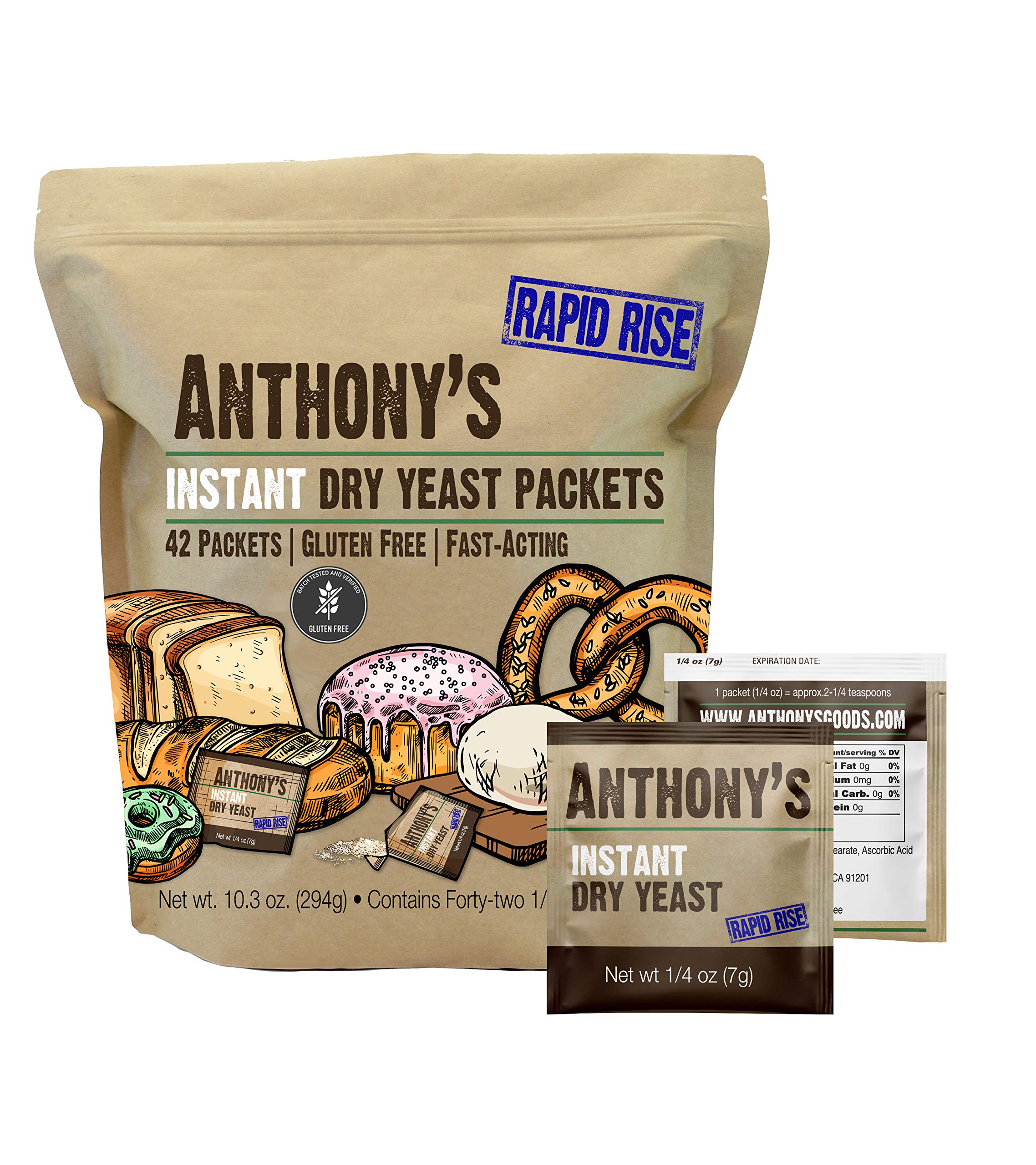 Anthony's Instant Dry Yeast Packets, Contains 42 Individual Packets, Gluten Free