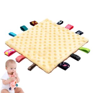 baby tags security blankets - baby soothing plush blanket with colorful tags, 10"x10" square sensory toys, for 3 months+ babies boys and girls (yellow)