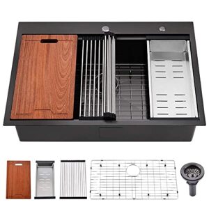 33 Inch Black Drop In Kitchen Sink Workstation-Bokaiya 33x22 Drop In Workstation Kitchen Sink 16 Gauge Stainless SteelSingle Bowl Kitchen Sink with Cutting Board