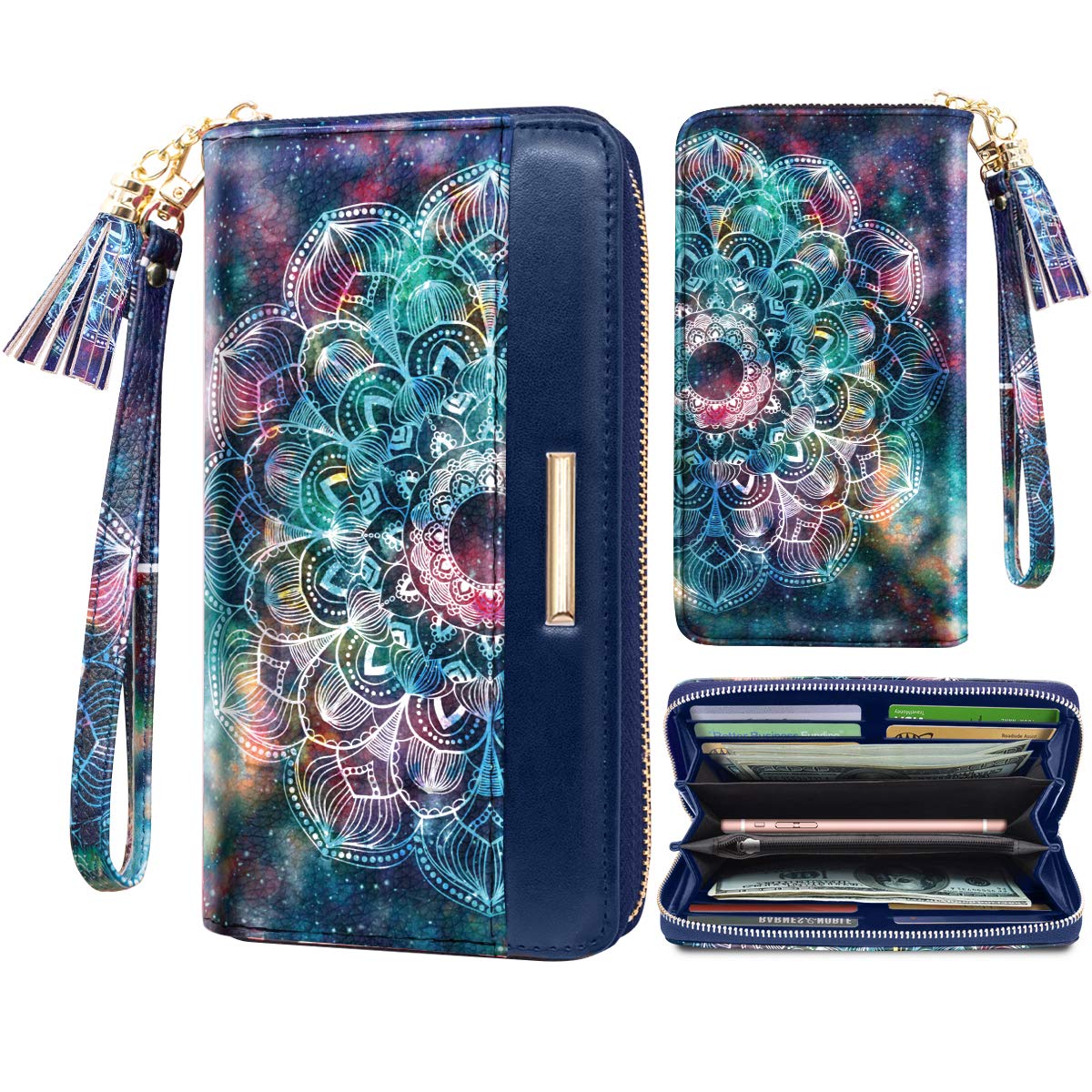 Coco Rossi Women Wallets Multi Card Case Wallet Clutch Wallet Card Holder Organizer Ladies Purse Floral Tassel Wrist strap Purse,Mandala Nebula