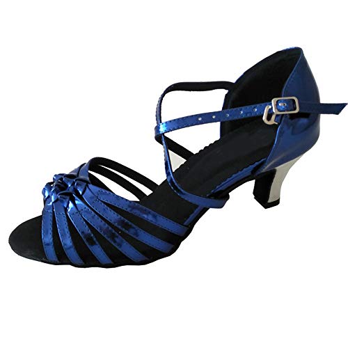 Womens Latin Salsa Dance Shoes 2.5 Inches Cuban Heel Sexy Open Toe Ballroom Party Soft Sole Professional Indoor Dancing Sandals (Royal Blue, Numeric_12)