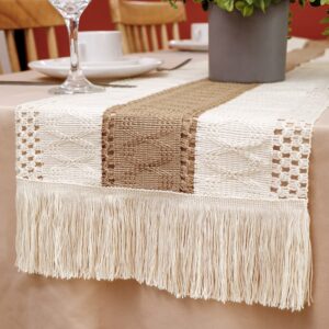 OurWarm Boho Table Runner 72 inch Macrame Table Runners for Home Decor, Cream & Brown Farmhouse Table Runner with Tassels for Bohemian Wedding Dining Bedroom Decor Rustic Bridal Shower (12x72 Inches)