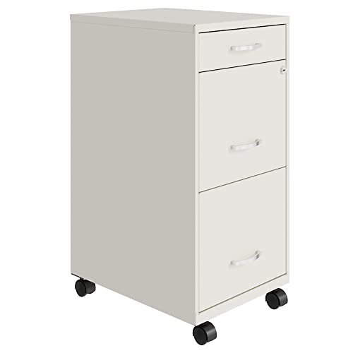 Space Solutions 18 Inch Wide Metal Mobile Organizer File Cabinet for Office Supplies with Pencil Drawer and 3 File Drawers, White