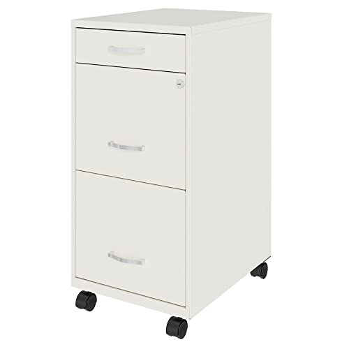 Space Solutions 18 Inch Wide Metal Mobile Organizer File Cabinet for Office Supplies with Pencil Drawer and 3 File Drawers, White