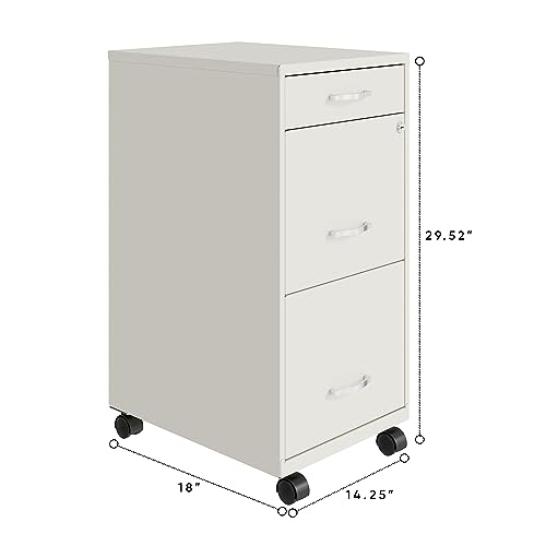 Space Solutions 18 Inch Wide Metal Mobile Organizer File Cabinet for Office Supplies with Pencil Drawer and 3 File Drawers, White