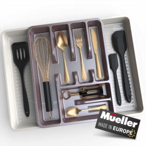 mueller large flatware kitchen drawer organizer, expandable 19.7" x 15" silverware organizer, 6 compartments, heavy-duty, cutlery tray for utensils or stuff, dining room, living room, beige mocha