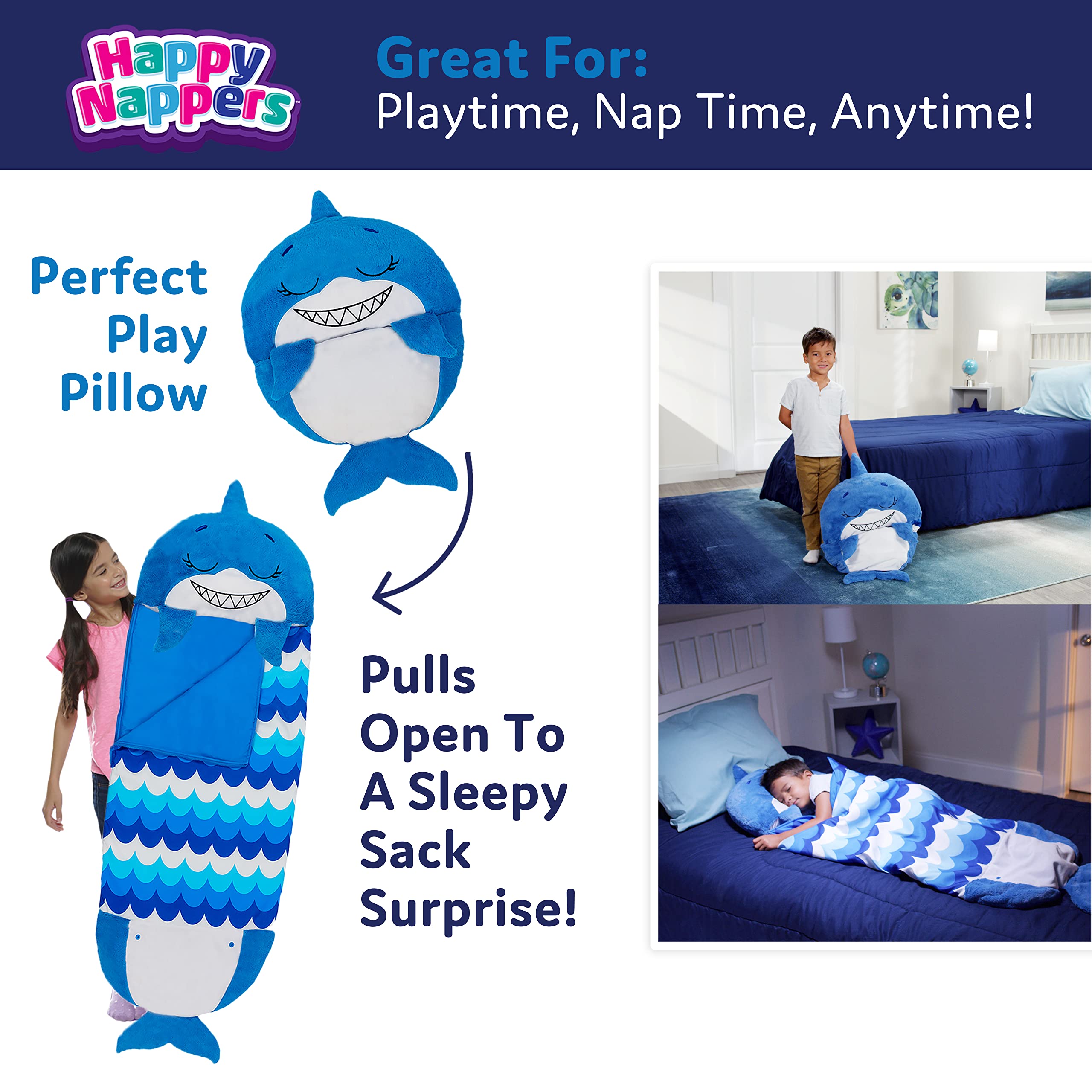 Happy Nappers Pillow & Sleepy Sack- Comfy, Cozy, Compact, Super Soft, Warm, All Season, Sleeping Bag with Pillow- Blue Shark (Large 66” x 30”)