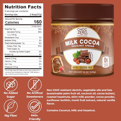 ChocZero Milk Chocolate Hazelnut Spread - Keto Friendly, No Sugar Added, Best Low Carb Dessert, Perfect Topping for Almond Flour Pancakes, Naturally Sweetened with Monk Fruit (1 jar, 12 oz)