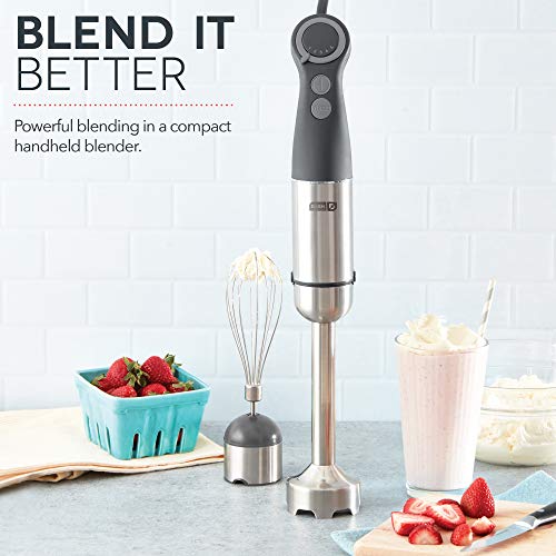 Dash Chef Series Immersion Hand Blender, 5 Speed Stick Blender with Stainless Steel Blades, Whisk Attachment and Recipe Guide – Cool Grey