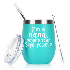 lifecapido nana gifts for grandma, i'm a nana wine tumbler, mother’s day birthday gifts for grandmother nana granny mimi women, 12oz stainless steel insulated tumbler with lids and straws, mint