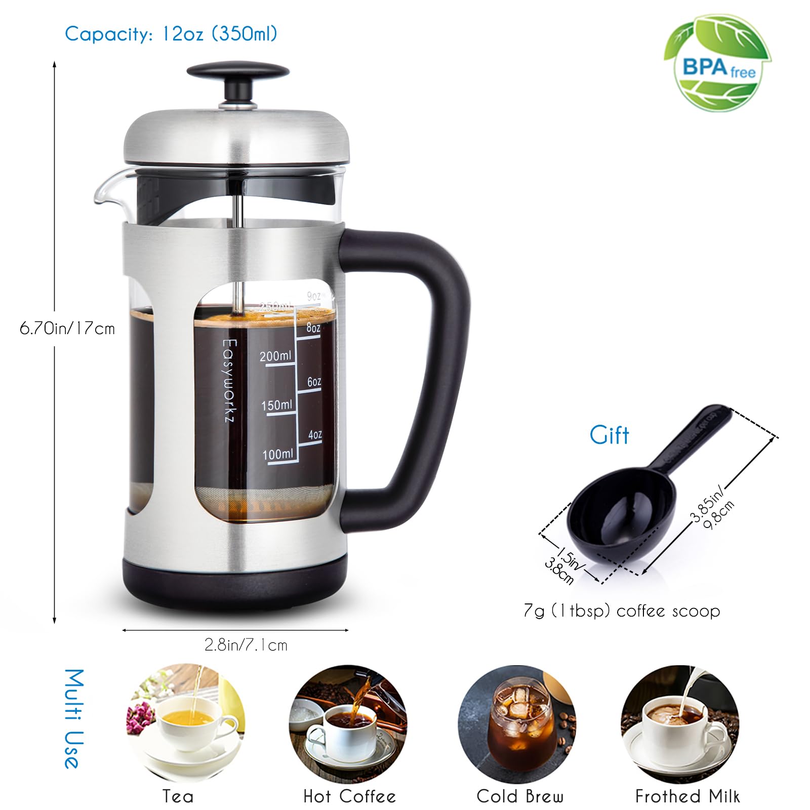 Easyworkz Stainless Steel French Press 12 oz Coffee Tea Maker with Soft Grip Handle