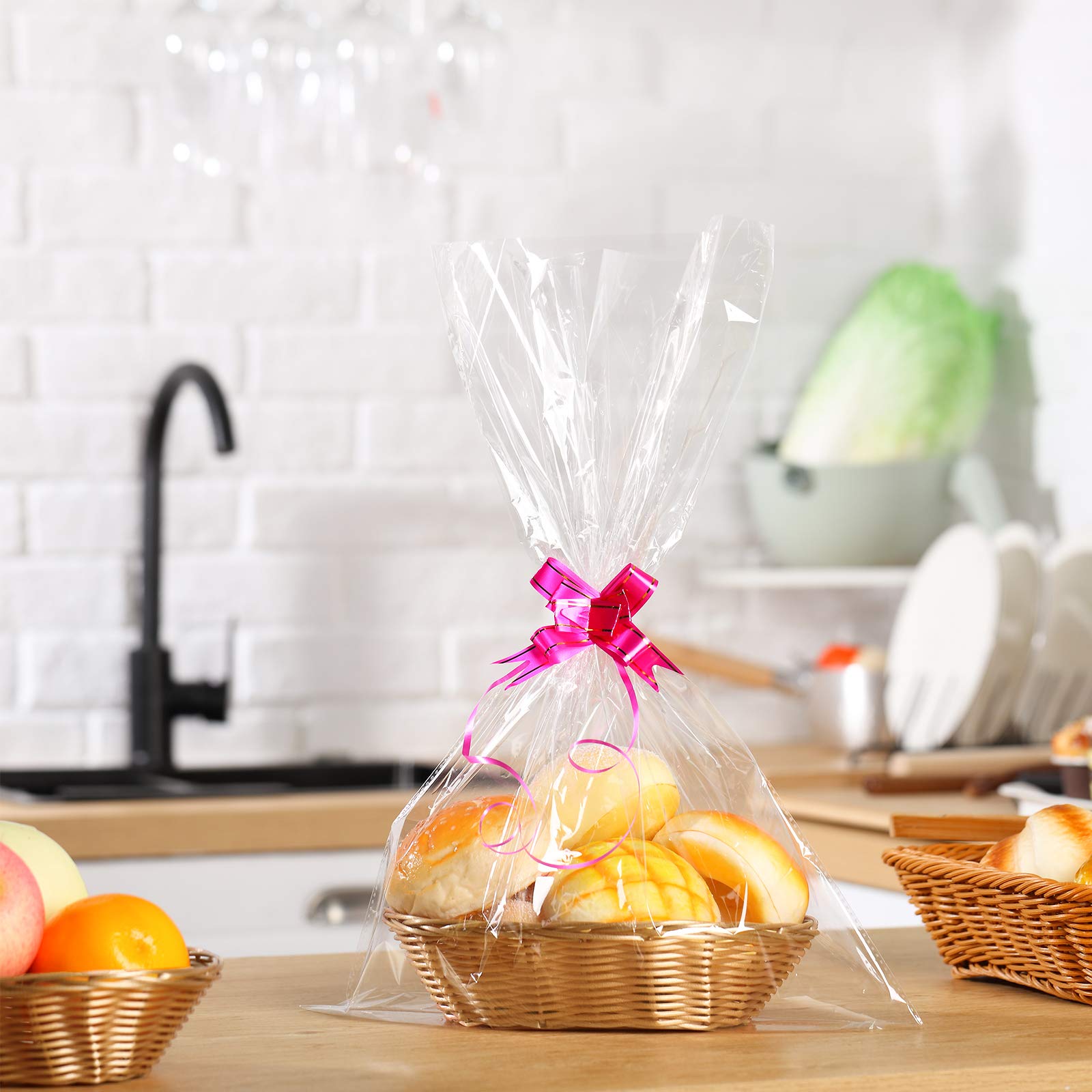 12 Pieces Oval Basket Food Storage Basket Woven Empty Basket Fruit Basket Gift Baskets with 60 Colorful Pull Bows and 30 Clear Gift Bags for Kitchen, Restaurant (Beige, 9 x 6 x 2.24 Inches)