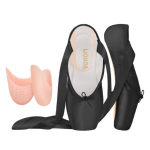 ijonda professional pointe shoes for girls and ladies black satin ballet dance slippers with mesh bag ribbons toe pads