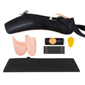 IJONDA Professional Pointe Shoes for Girls and Ladies Black Satin Ballet Dance Slippers with Mesh Bag Ribbons Toe Pads