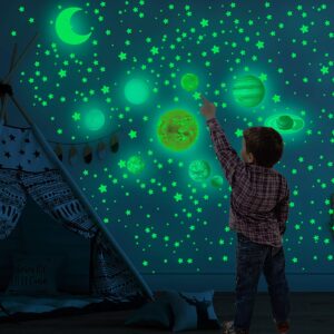 glow in the dark stickers for ceiling, 525pcs dark stars and moon decals wall stickers solar system shining decoration, glowing in the dark ceiling decors for kids, boys, girls bedroom