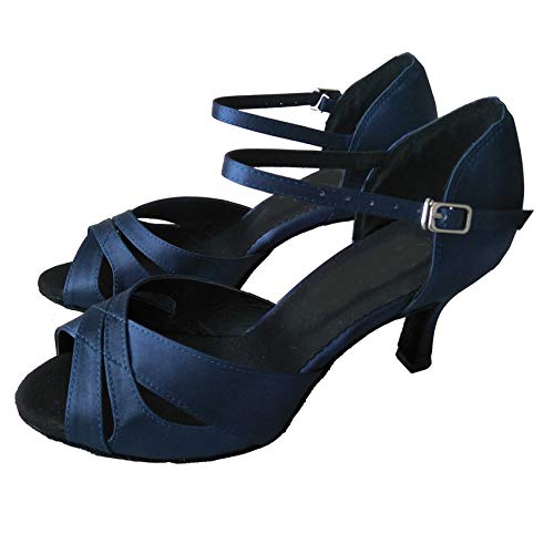 Womens Latin Salsa Dance Shoes 3 Inches Flared Heel Open Toe Ballroom Party Soft Sole Professional Indoor Satin Dancing Sandals (Navy, Numeric_6)