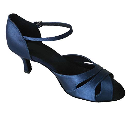 Womens Latin Salsa Dance Shoes 3 Inches Flared Heel Open Toe Ballroom Party Soft Sole Professional Indoor Satin Dancing Sandals (Navy, Numeric_6)