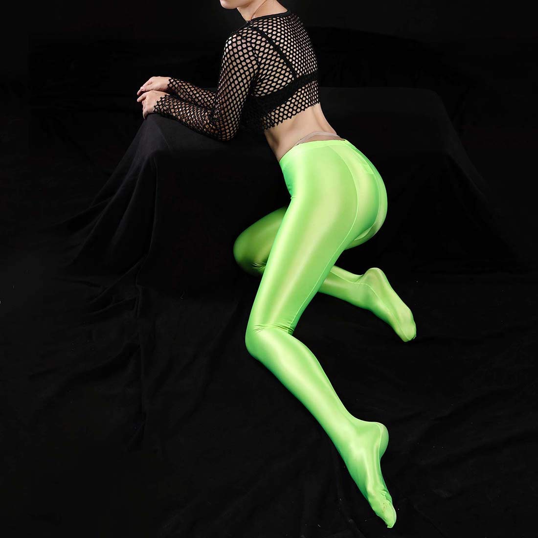 BooW Sexy Oil Glossy Footed Leggings Ultra Shimmery Nylon Spandex Tights Opaque Pantyhose Yoga Pants (Neon Green, L) (Large) (SU-US-9110)