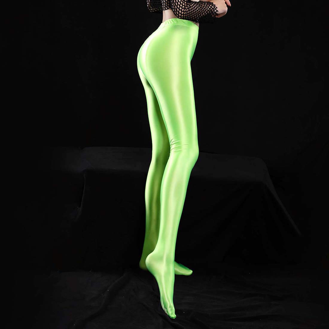 BooW Sexy Oil Glossy Footed Leggings Ultra Shimmery Nylon Spandex Tights Opaque Pantyhose Yoga Pants (Neon Green, L) (Large) (SU-US-9110)