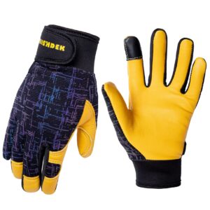 feishdek kids genuine leather work gloves, safety gloves, touch screen, reflective, breathable design, for children age 3-12 (medium (6-8 years old), black)