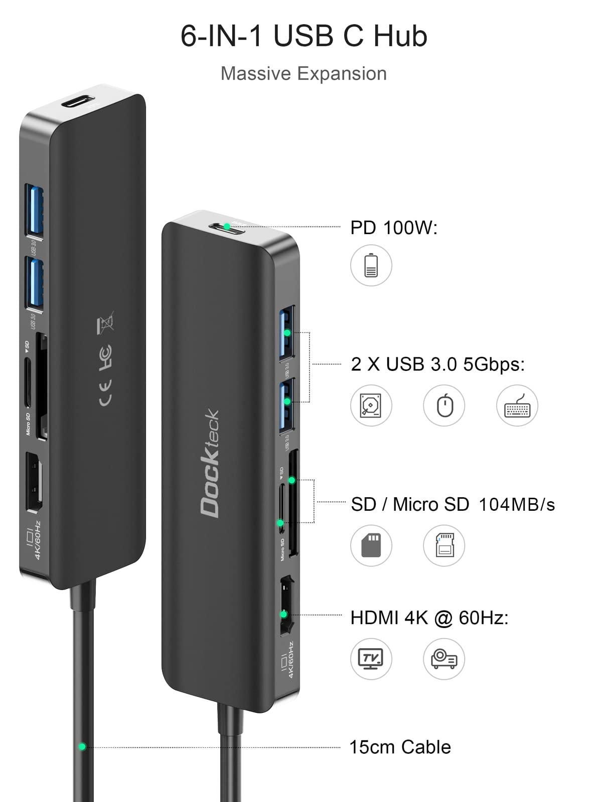 USB C Hub HDMI PD Adapter for MacBook Air/Pro, Surface Pro 7/8, XPS and More, Dockteck 6-in-1 Type C Hub with 4K 60Hz, 100W PD, SD & microSD Card Reader, 2 USB 3.0 Data 5Gbps