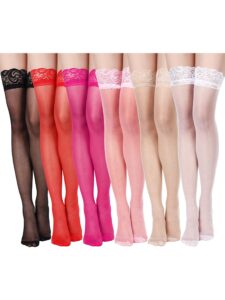 geyoga 6 pairs thigh high stockings lace tights silky semi sheer stocking for women girls (black, white, skin color, red, rose red, pink)