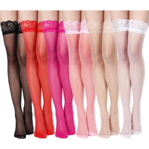 Geyoga 6 Pairs Thigh High Stockings Lace Tights Silky Semi Sheer Stocking for Women Girls (Black, White, Skin Color, Red, Rose Red, Pink)