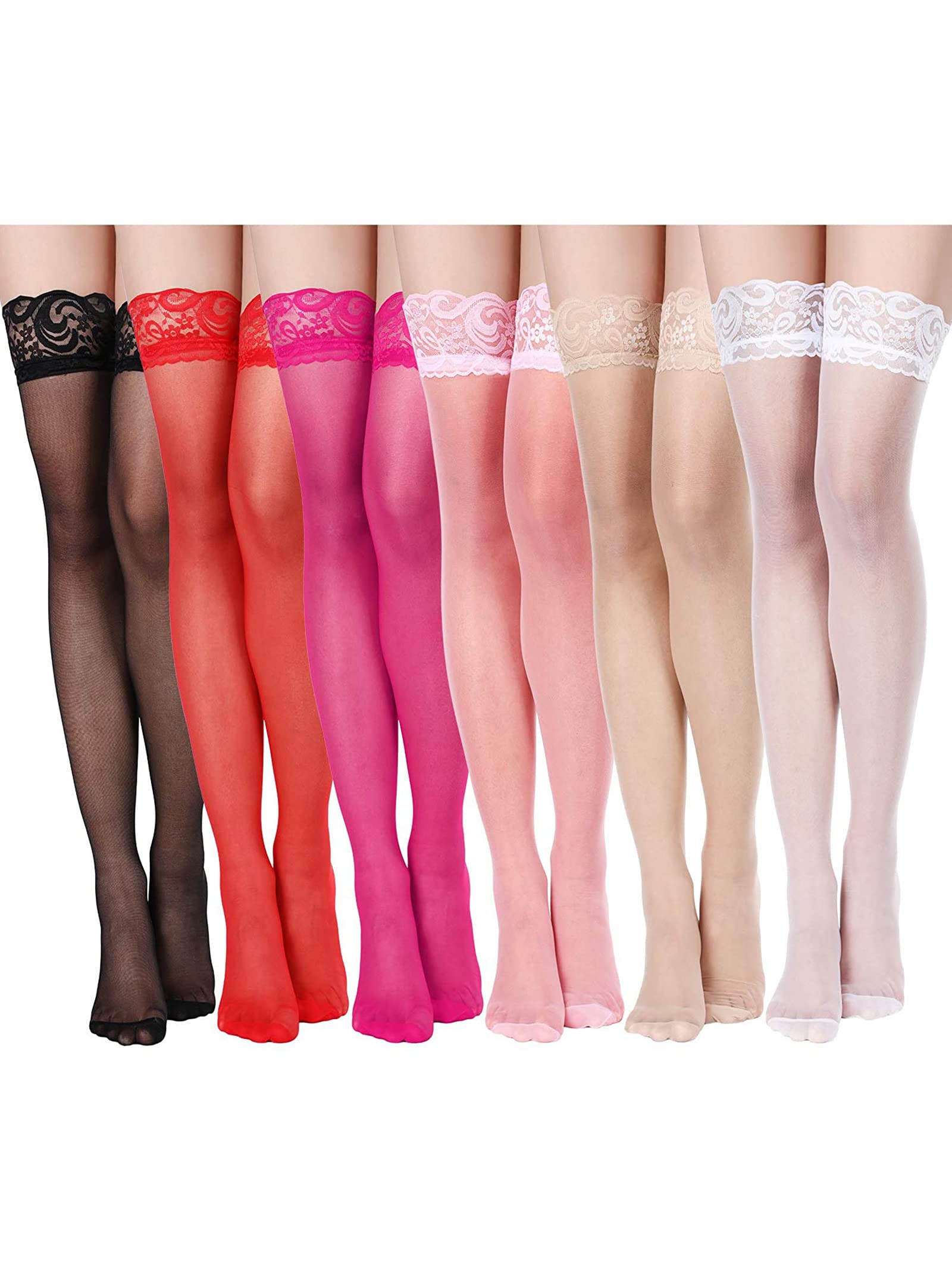 Geyoga 6 Pairs Thigh High Stockings Lace Tights Silky Semi Sheer Stocking for Women Girls (Black, White, Skin Color, Red, Rose Red, Pink)