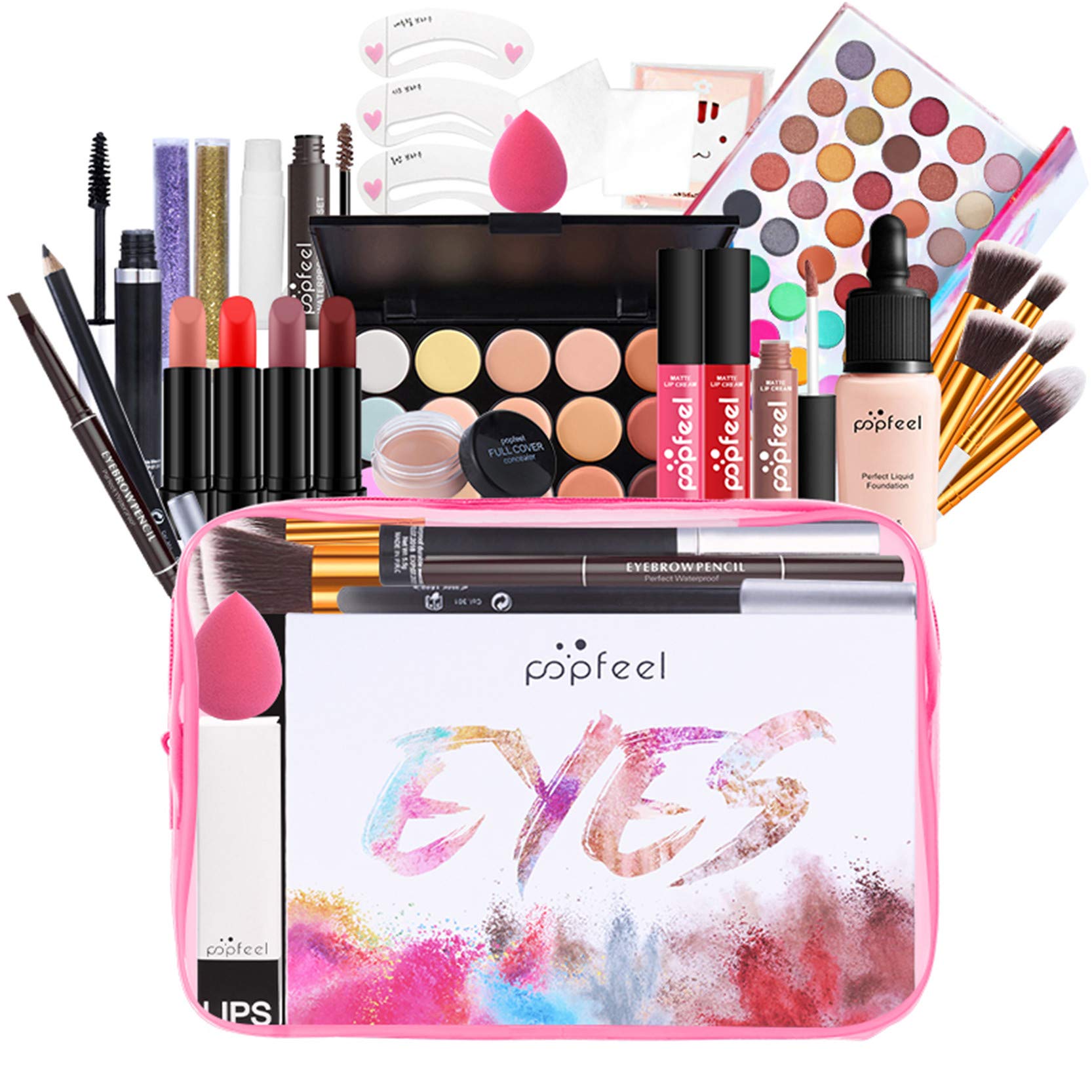 Pure Vie All-in-One Holiday Gift Surprise Makeup Set Essential Starter Bundle Include Eyeshadow Palette Lipstick Concealer Blush Mascara Eyeliner Face Powder Lipgloss Brush - Full Makeup Kit for Women