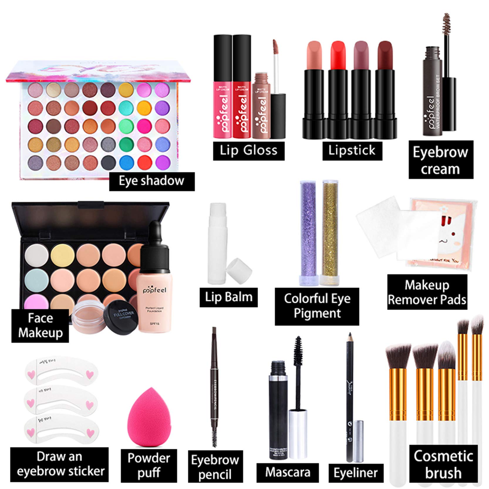 Pure Vie All-in-One Holiday Gift Surprise Makeup Set Essential Starter Bundle Include Eyeshadow Palette Lipstick Concealer Blush Mascara Eyeliner Face Powder Lipgloss Brush - Full Makeup Kit for Women