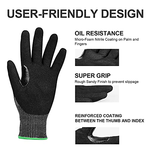 OKIAAS Level 6 Cut Resistant Work Gloves, Foam Nitrile Coated with Grip, Touchscreen Safety Gloves for Woodworking, Fishing, Construction, Heavy Duty Work (L/Size 9, 1 Pair)