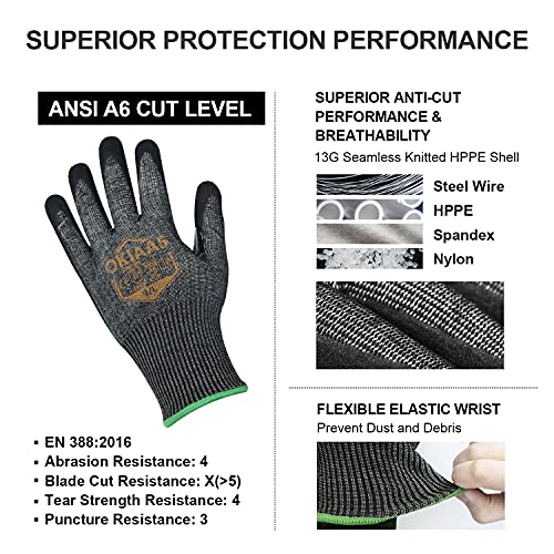 OKIAAS Level 6 Cut Resistant Work Gloves, Foam Nitrile Coated with Grip, Touchscreen Safety Gloves for Woodworking, Fishing, Construction, Heavy Duty Work (L/Size 9, 1 Pair)