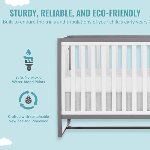 Dream On Me Arlo 5-in-1 Convertible Crib in Steel Grey and White, JPMA Certified, 3 Mattress Height Settings, Non-Toxic Finish, Made of Sustainable and Sturdy Pinewood