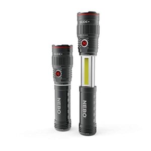 nebo slyde+ tactical led flashlight, powerful 400-lumen bright camping flashlight with slide-to-reveal work light, red hazard light & magnetic base