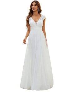 ever-pretty women's cap sleeve lace a-line v-neck long evening dress for wedding party white us8